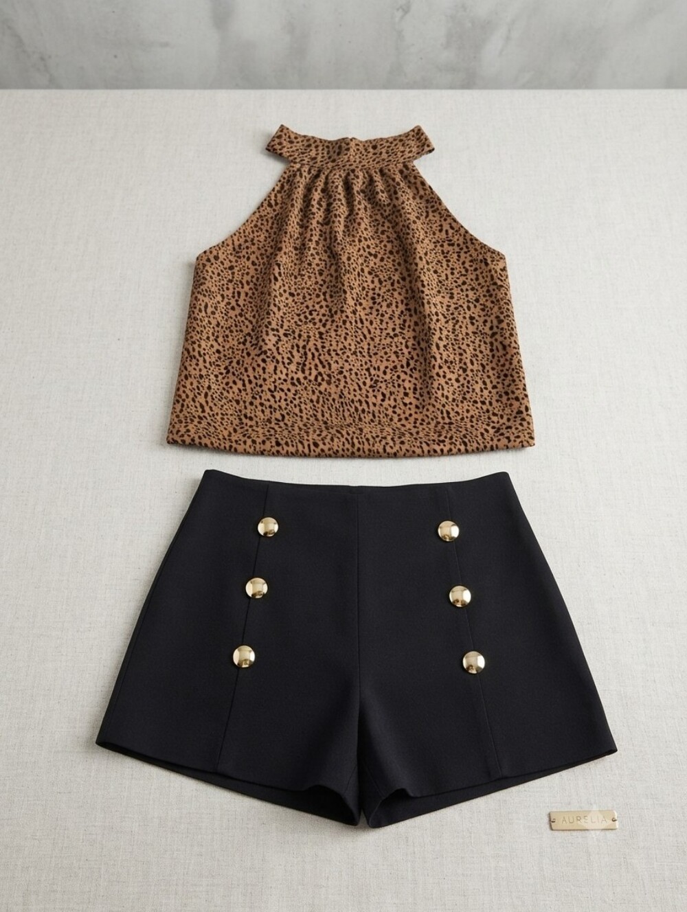 Black High-Waist Button Front Women’s Shorts And Leapord Print Top Brand New
